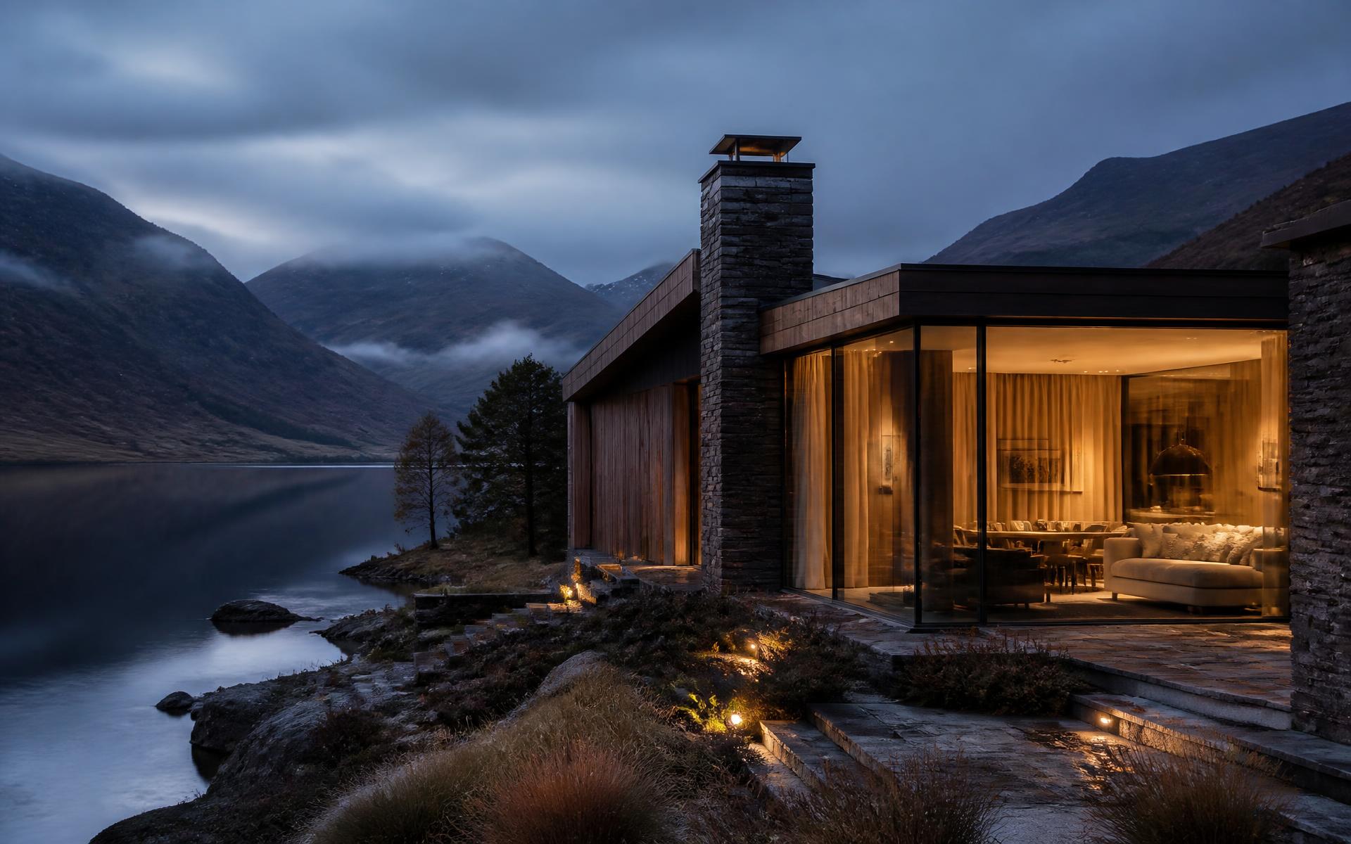 Contemporary Lake District home with full-height architectural glazing at dusk